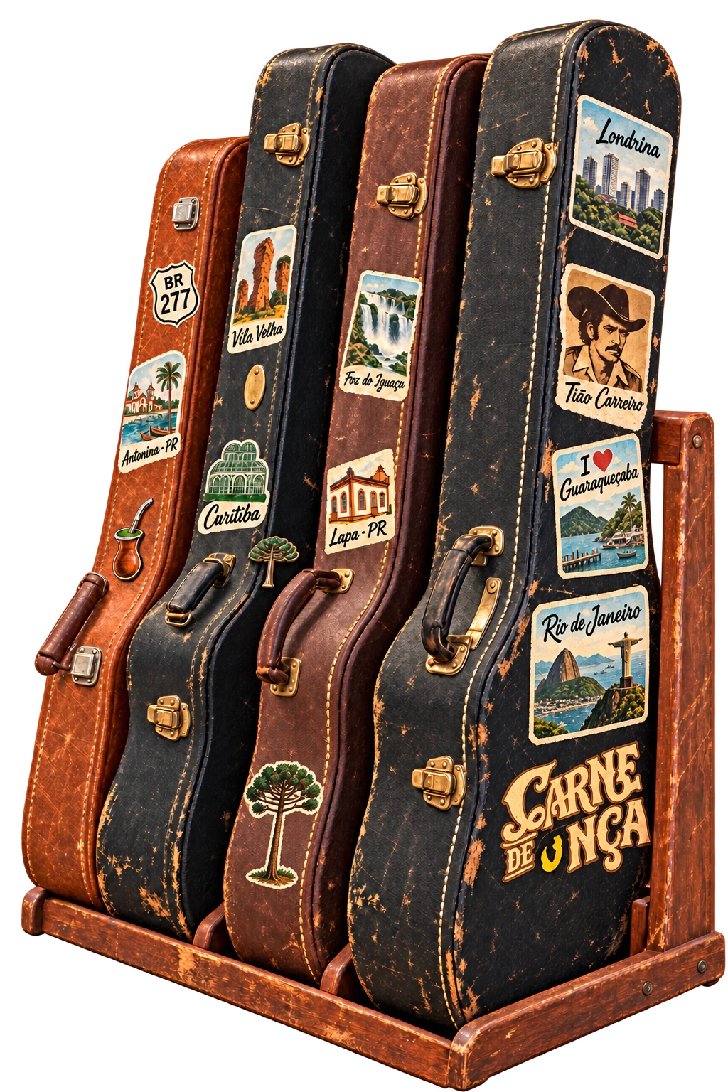 Quatro cases de instrumentos em um suporte de madeira, com pins e adesivos da Carne de Onça e de destinos do Paraná